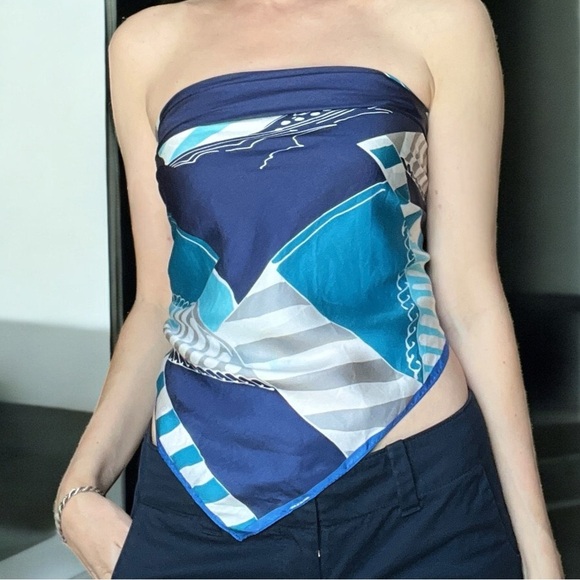 VTG 80s Adrienne Landau Elegant Blue and White Scarf Wrap Nautical Boaters 34.5” - Picture 1 of 6